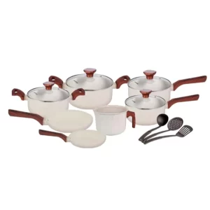 Jogo de Panelas Marmol Vanila Luxo Kit 10 Peças Indução Fundo Triplo Antiaderente Tampa Vidro Soft Touch Fogão Comum
