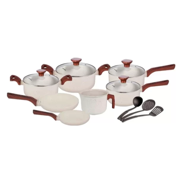 Jogo de Panelas Marmol Vanila Luxo Kit 10 Peças Indução Fundo Triplo Antiaderente Tampa Vidro Soft Touch Fogão Comum