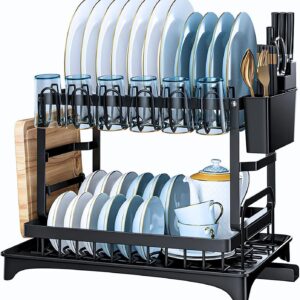Escorredor de Louça Completo em Aço Carbono Inoxidável Antiferrugem Escorredor de Pratos Inox, Suporte para Talheres, Copos, Tábuas, Facas e Bandeja de Drenagem de Água