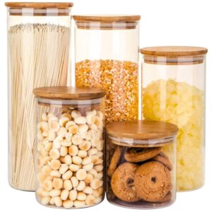 Potes Herméticos de Vidro com Tampa Bambu Porta Alimentos Cor Transparente - Kit 5 Peças